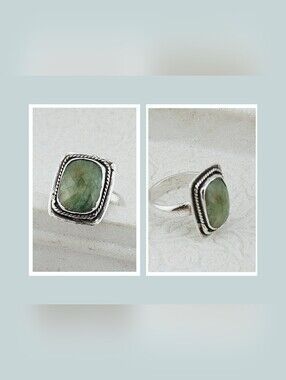 EMERALD GENUINE RING HANDMADE WITH RECYCLED STERLING SILVER METAL SZ 7.5